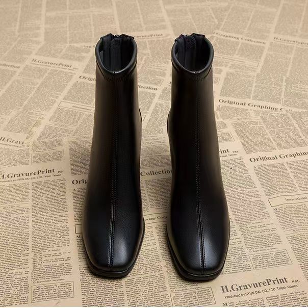 Giant Skinny! Skinny Boots~ Thick Heel White Ankle Boots Women's French Short Boots Square Head High Heel Elastic Boots Women's