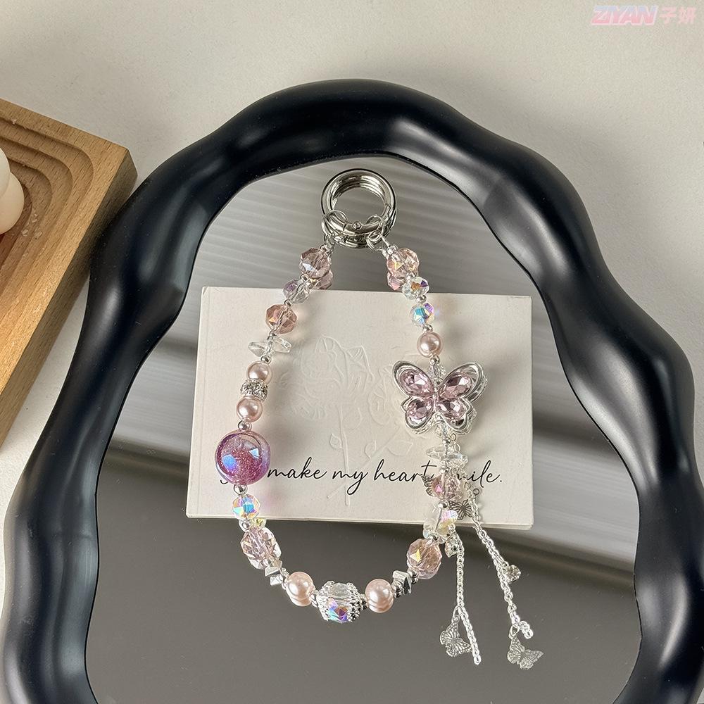 Elegant Pearl Alloy Butterfly Phone Lanyard Luxury Crystal Keychain Bag Charm Fashion Multi-Functional Key Holder Accessory