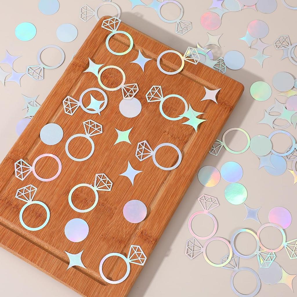 200Pcs Iridescent Birthday Party Confetti, Bachelorette Party Table Confetti Bride Diamond and Ring Shape Paper Confettis for Engagement