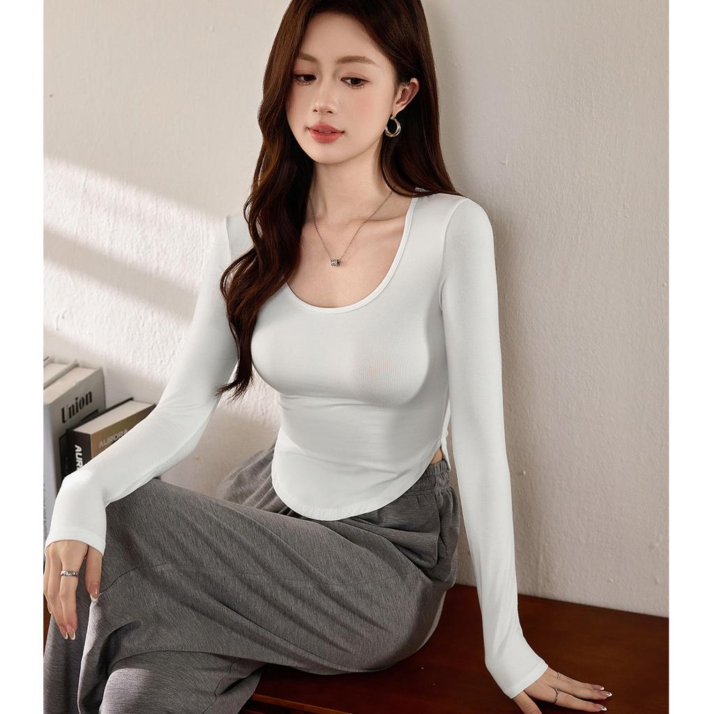 Modal Cotton U-neck T-shirt Women Long Sleeve Autumn and Winter New Tight Sexy Pure Wind with A Base Shirt Top