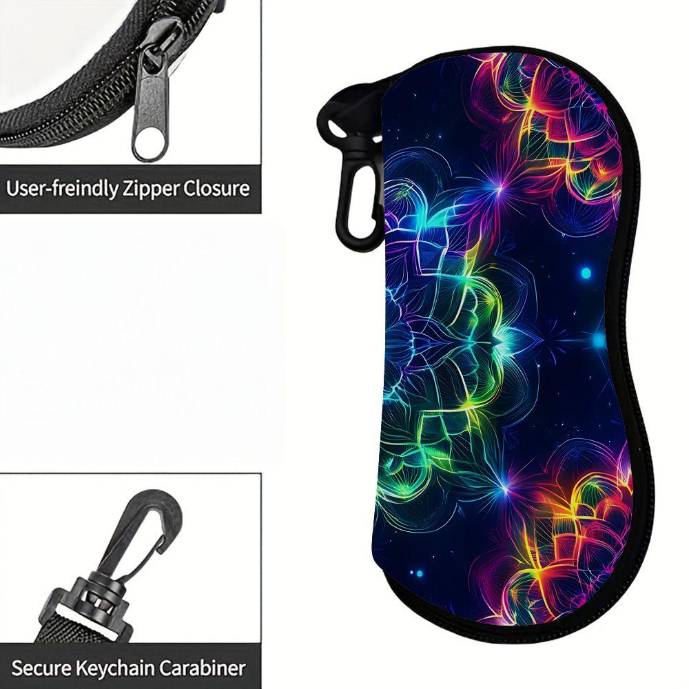 2D-Neon Glowing Mandala Print Protective Eyewear Holder, Stylish Sunglasses Case, Portable Zipper Pouch for Travel, Durable Zipper Eyeglass Organizer