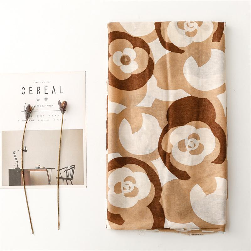 Khaki Camellia Silk and Cotton Scarf: Warm Autumn/Winter Shawl for Women