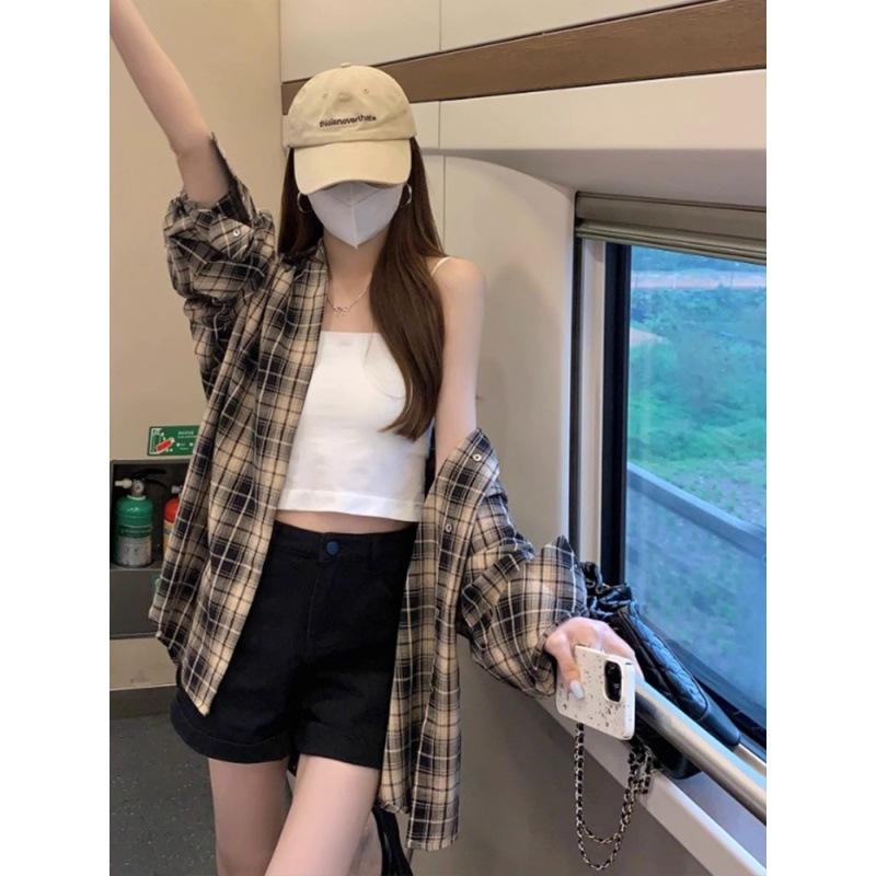 1116 New American retro plaid shirt jacket early autumn women's clothing thin loose early autumn lazy style shirt