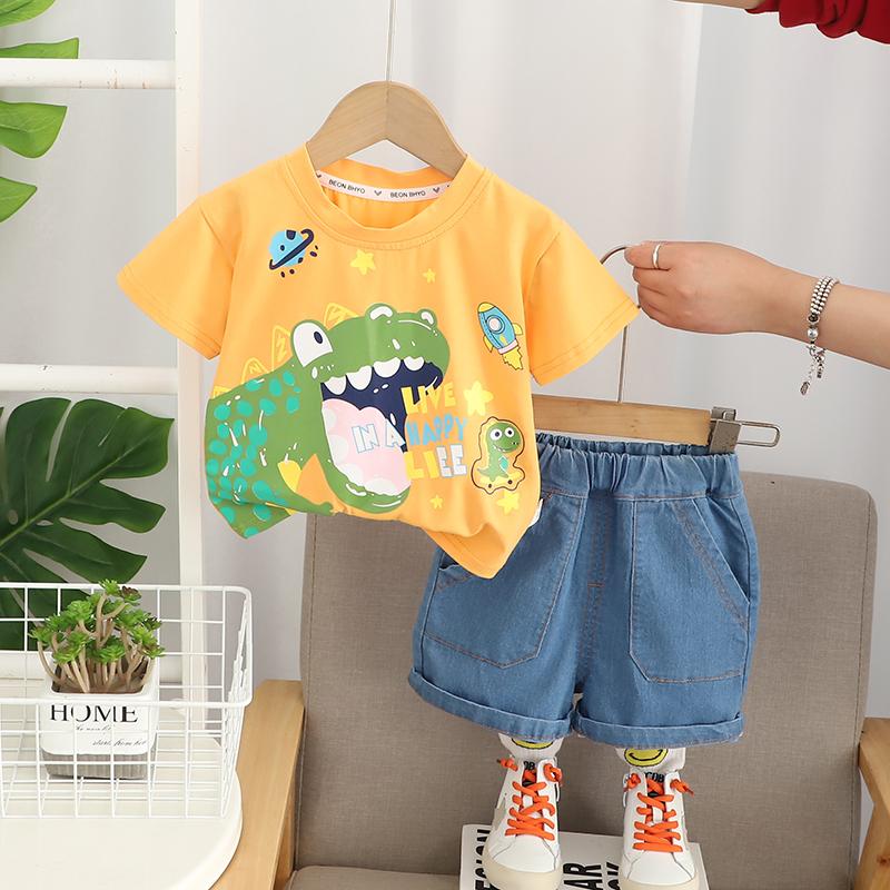 Летний комплект из 2 предметов для мальчиков - футболка с принтом динозавра + Повседневные джинсовые шорты - Красивая одежда для маленьких мальчиков Высокое качество - S-XXL