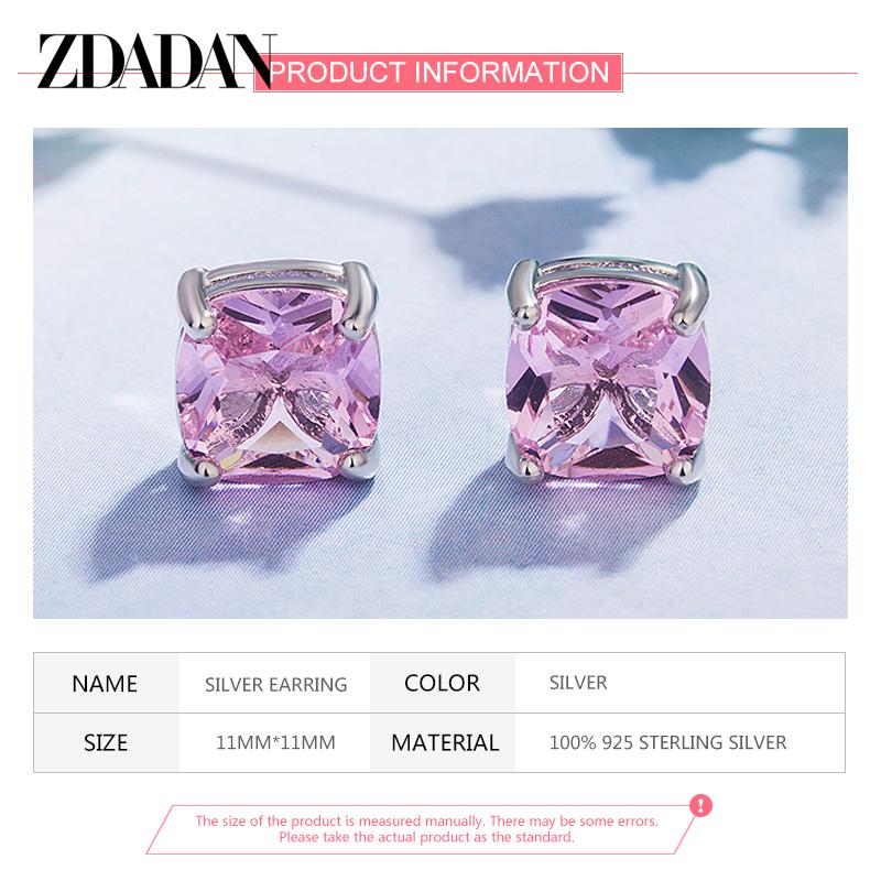 925 Sterling Silver 11mm Square Pink Zircon Earring for Women Wedding Jewelry