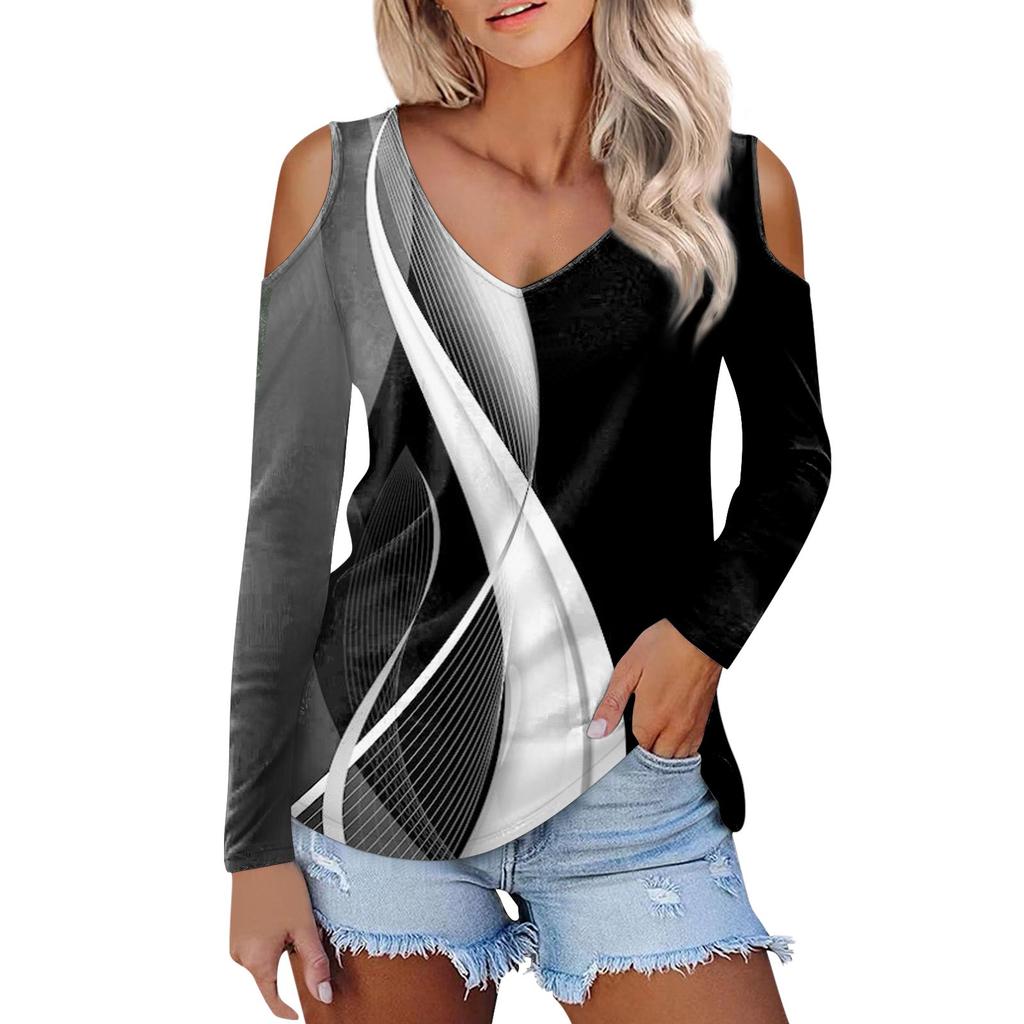 Женская рубашка, блузка, модные повседневные топы с v-образным вырезом и принтом, сексуальные топы с длинными рукавами и открытыми плечами