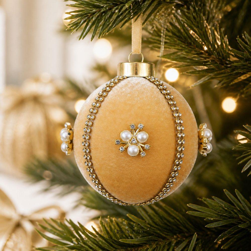 Velvet Finish Christmas Ball Ornament Rhinestone Trim Hanging Ball Ornament Festive Decorations