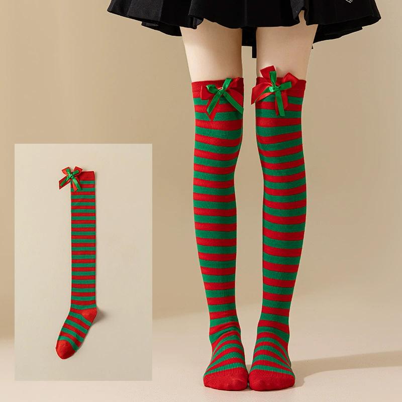 Women with Bow Accent for Women Girls Christmas Socks Knee-High Over-the-Knee Elegant Red & Green Striped Long Socks