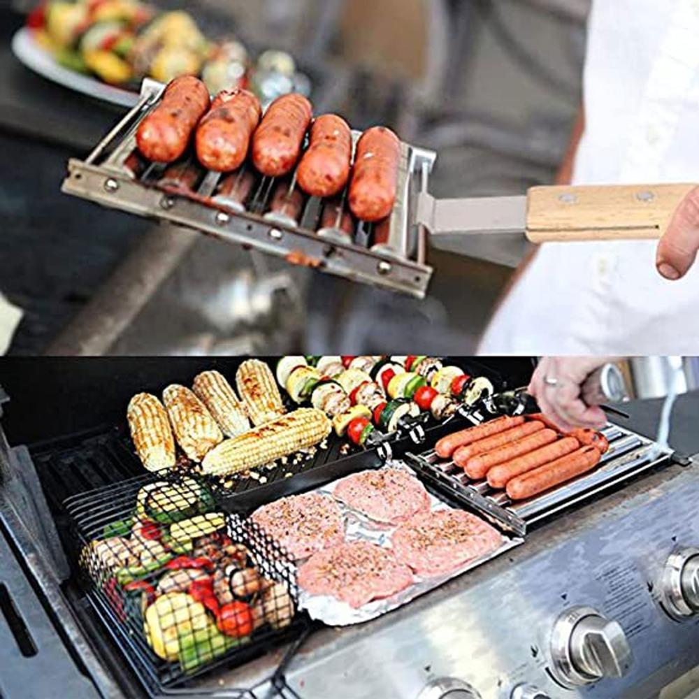 Detachable Wooden Handle Hot Dog Roller Stainless Steel\ Hot Dog Griller Barbecue Grilling