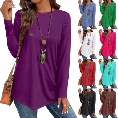 Женская повседневная футболка большого размера с длинными рукавами и круглым вырезом, однотонный топ-пуловер
