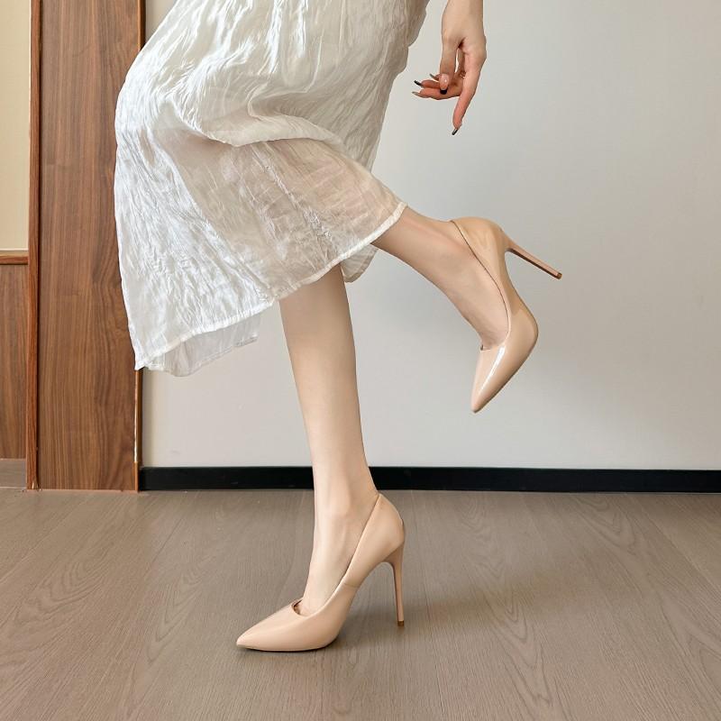 Pointed High Heels Women's 2024 Spring New Grey Elegant Skirt Thin Heel Professional Commuting Patent Leather Shallow Mouth Shoe