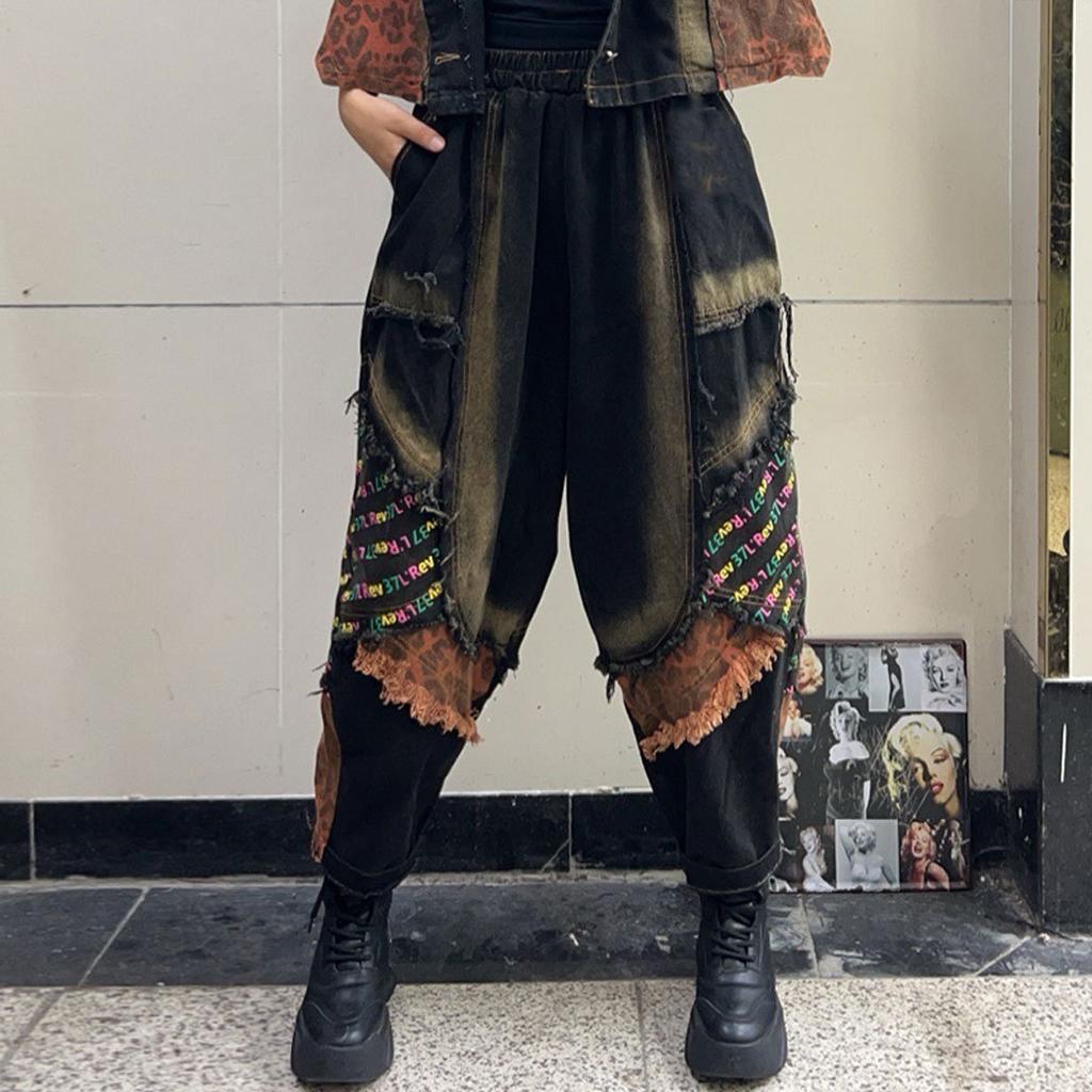 Fashion personality trendy cool women's clothing spring and autumn new denim hooded vest + elastic waist Harlan pants suit trendy