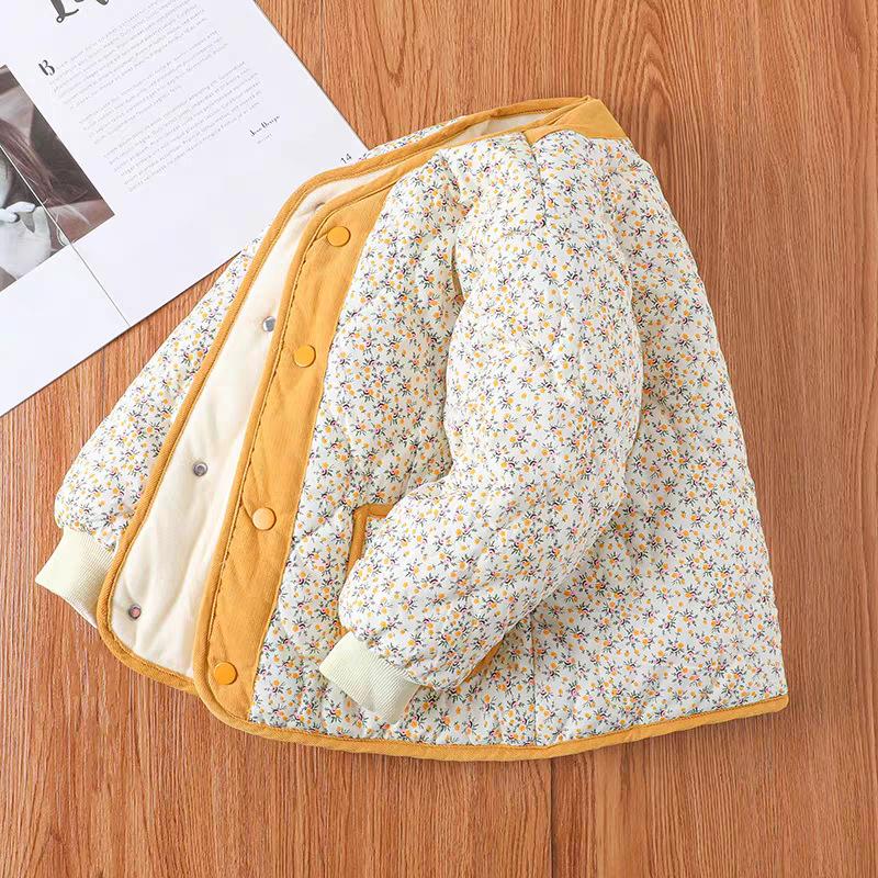 Новая осенне-зимняя флисовая куртка для девочек в корейском стиле, с цветочным принтом, на хлопковой подкладке, из стильного вельвета, детское универсальное хлопковое пальто