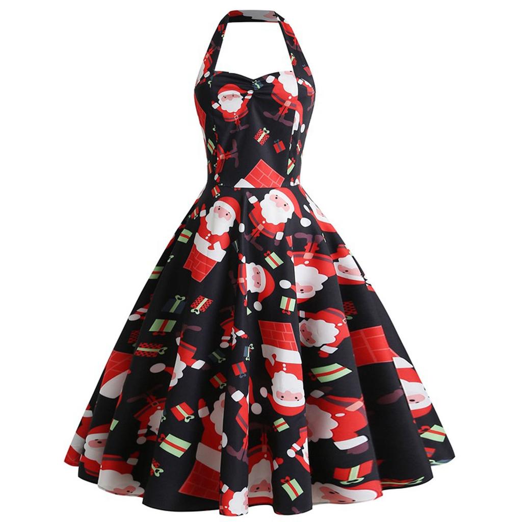(Great home)Women's Christmas Sexy Halter Neck Santa Print Dress Party Mini Dress