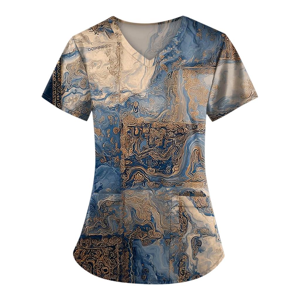 Plus Size Printed Scrub Working Uniform Tops For Women's V-Neck Print Short Sleeve Fun T-Shirts Workwear Tee With Pockets