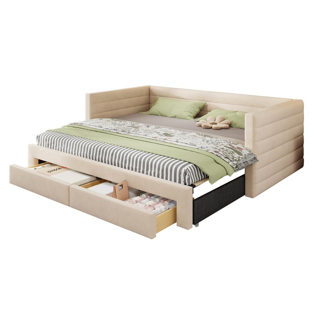 Upholstered 3-in-1 Sofa Bed 90 x 190 cm, Drawers, Convertible into Single/Double with Slatted Frame, Cotton and Linen, beige (Mattress not included)