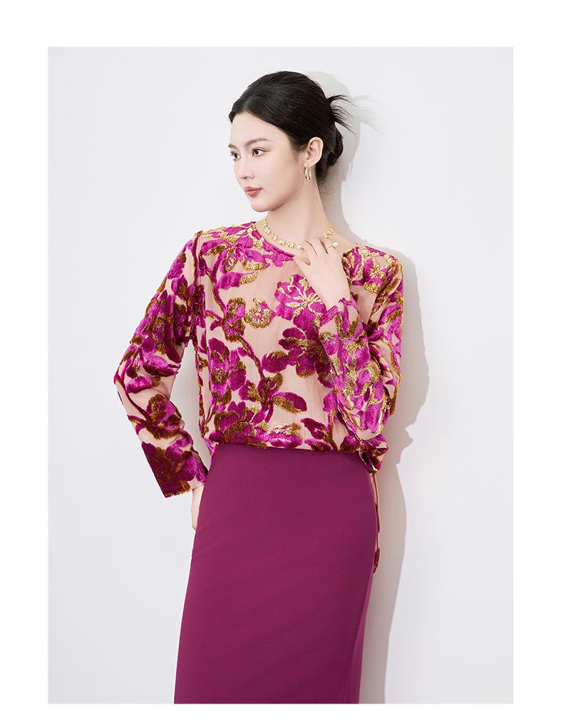 Luxury Women's Long Sleeve Flocked Top with Bright Silk Burnout Design