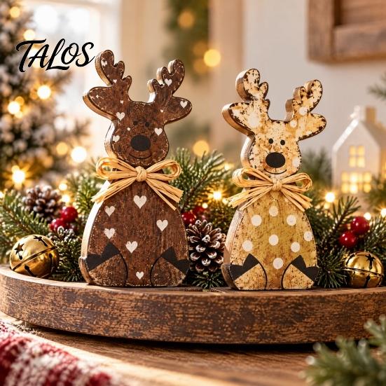 Decorative Elk Statues for Shelves Wooden Figurine, Rustic Ornament, Vintage Animal Desktop Decoration, 2D Flat Plaid Figures Wall Hanging Ornament