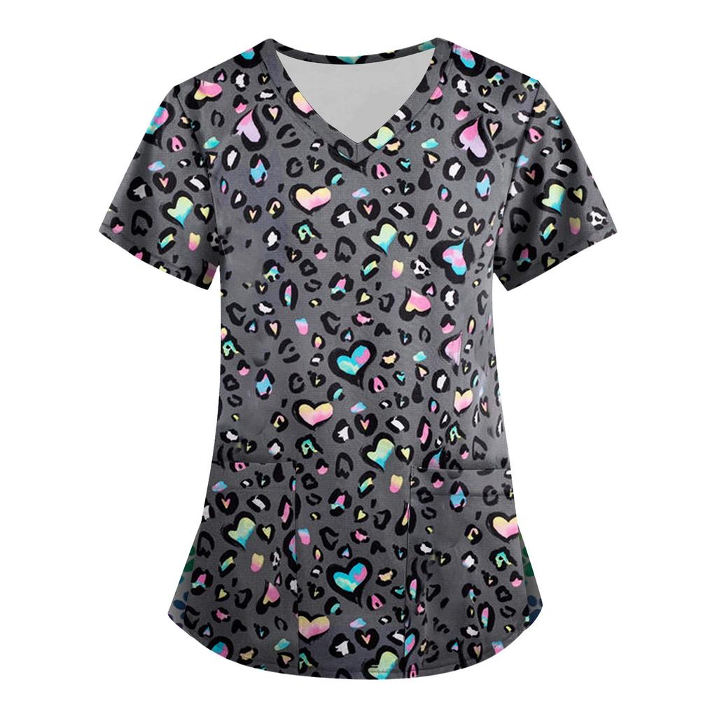Женская мода с v-образным вырезом, короткими рукавами и карманами, топы с принтом