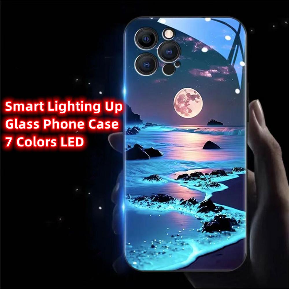 Luminous Phone Case Meteor Beach Luminous Glass LED Call Flash Phone Protective Case Suitable for IPhone