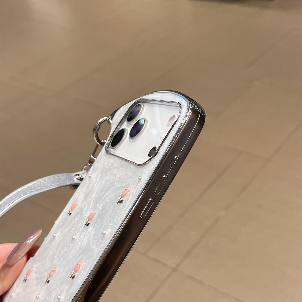 Elegant Pink Rose Pearl Shoulder Phone Case for iPhone 12-17 Series — Adjustable Strap, Mirror Metallic Frame