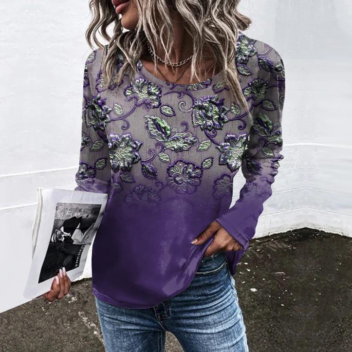 Весенне-осенний топ с круглым вырезом, цветочным узором и 3D-принтом, модный, повседневный, в стиле ретро, с длинными рукавами, женские футболки