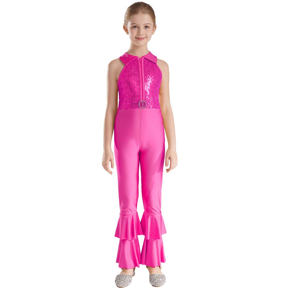 Kids Girls Unitards Bodysuit Sleeveless Tiered Bell-bottom Pants Style Dance Gymnastic Leotard Jumpsuit