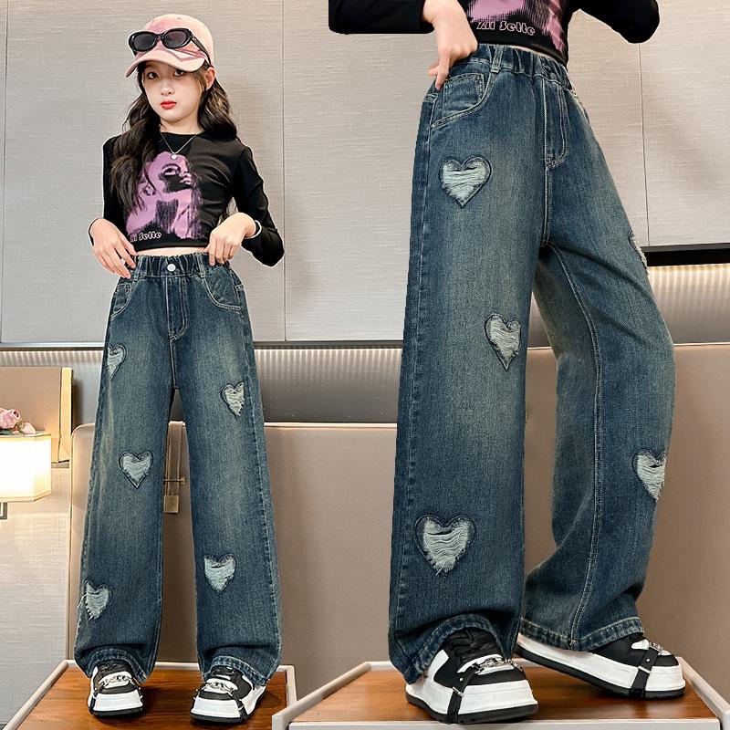 Детские рваные джинсы в корейском стиле для девочек-подростков с сердечками, модные подростковые джинсовые брюки с высокой талией, длинные брюки