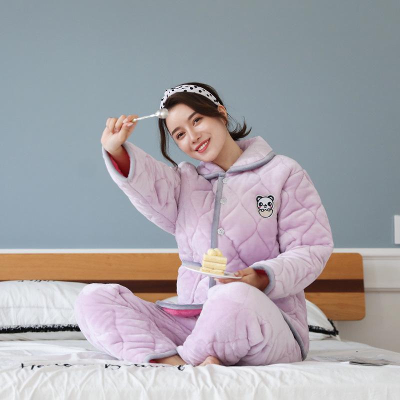 Пижама женская зимняя утолщенная трехслойная стеганая из хлопка и флиса для сохранения тепла, большого размера, можно носить как домашнюю одежду из кораллового флиса