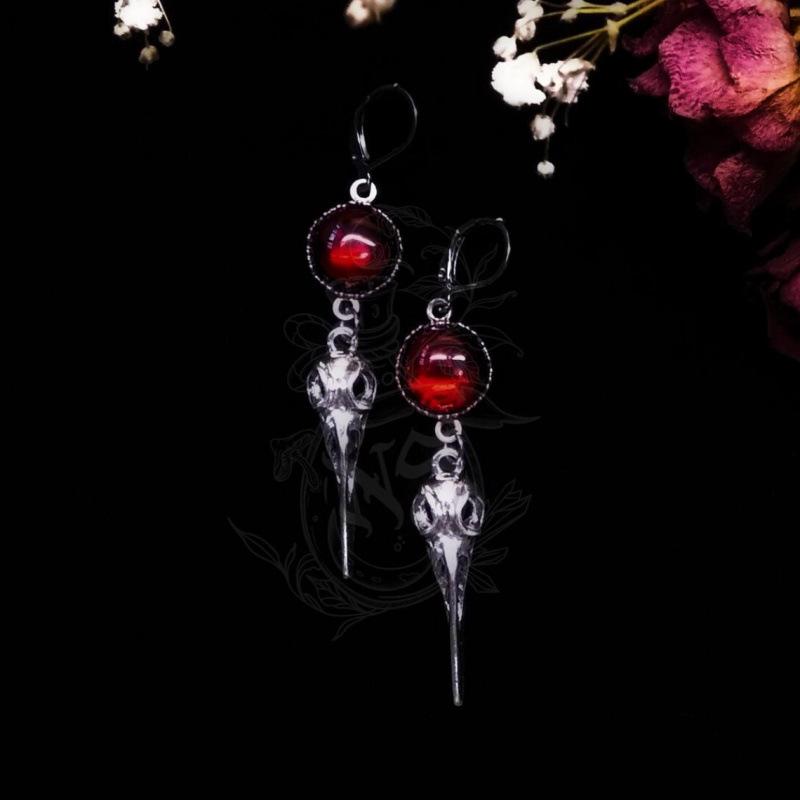 Gothic Vampire Crow Skull Earrings with Red Stone