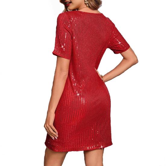 Женское платье с круглым вырезом и пайетками, сексуальное мини-платье с короткими рукавами, блестящее свободное коктейльное платье для вечеринок и клуба