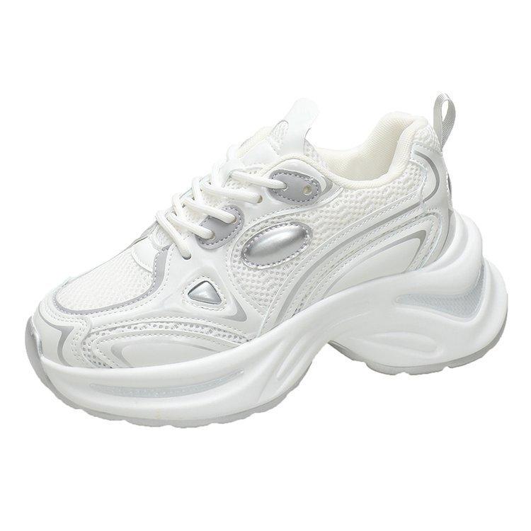 Туфли Pops на толстой подошве, женские летние сетчатые дышащие женские туфли, серебристые, увеличивающие высоту, повседневные спортивные туфли