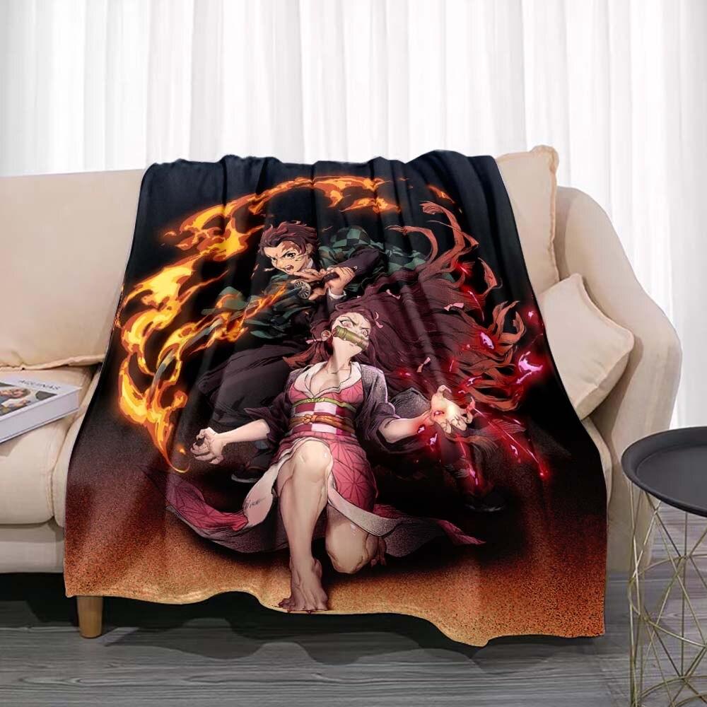 Demon Slayer Flannel Throw Blanket Anime Cartoon Smooth Soft Bedspread Warm Gamer Gift Living Room Sofa Home Bedroom Decor