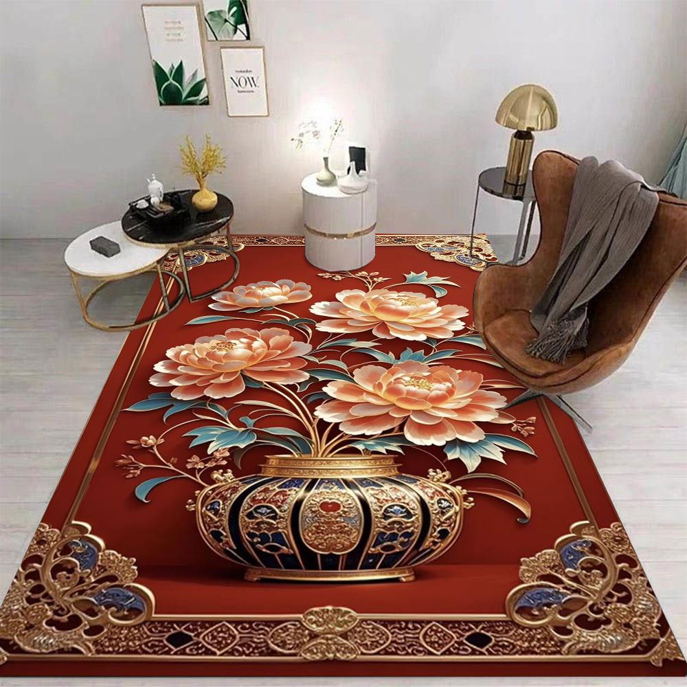 Ковер с цветочным рисунком, различные стили, с пионом, розой, золотыми листьями и кистями, нескользящий коврик для декора гостиной