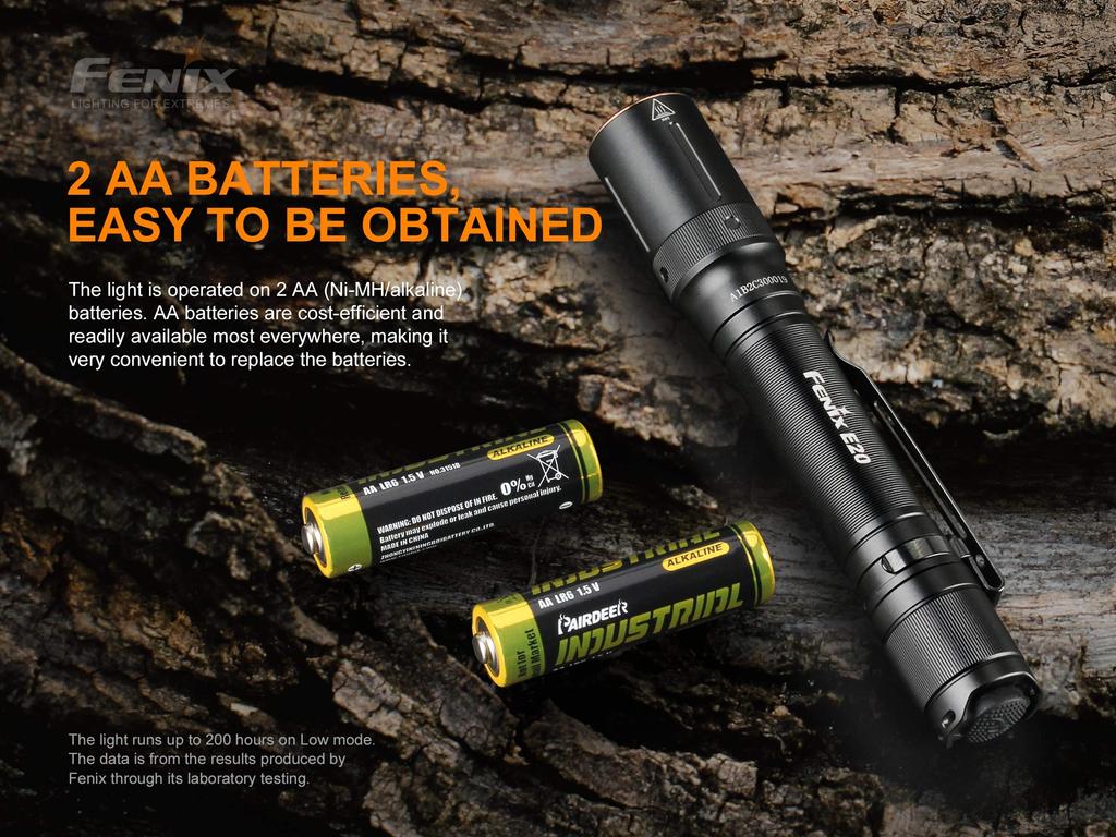 Fenix E20 Max 350 AA Battery Aluminum IP68 EDC V2.0 Flashlight, Lumens, Powered, Construction, Waterproof, Compact,
