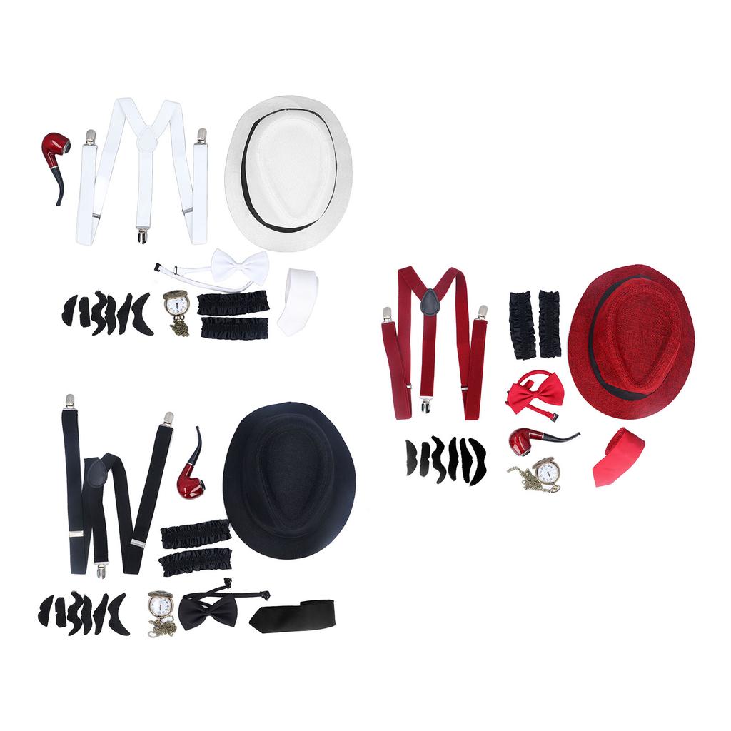 8 Pieces 1920s Grandpa Old Man Costumes Set with Suspenders Hat Watch Pipe Bow Tie Glasses Beard Kid