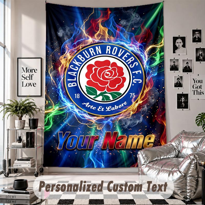 Wall Hanging Tapestry With Custom Name & Text, Blackburn Rovers Football Decorative Tapestry For Bedroom