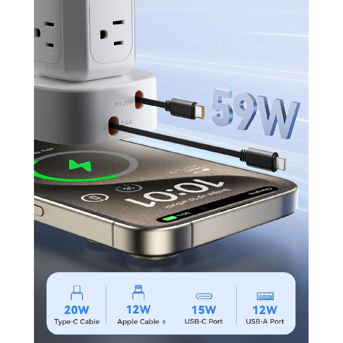 [2025 Upgraded] Power Strip Tower with Retractable Charging Cable, SUPERONE Surge Protector Tower with PD20W USB C and 12 AC Outlets, Flat Plug 6 FT