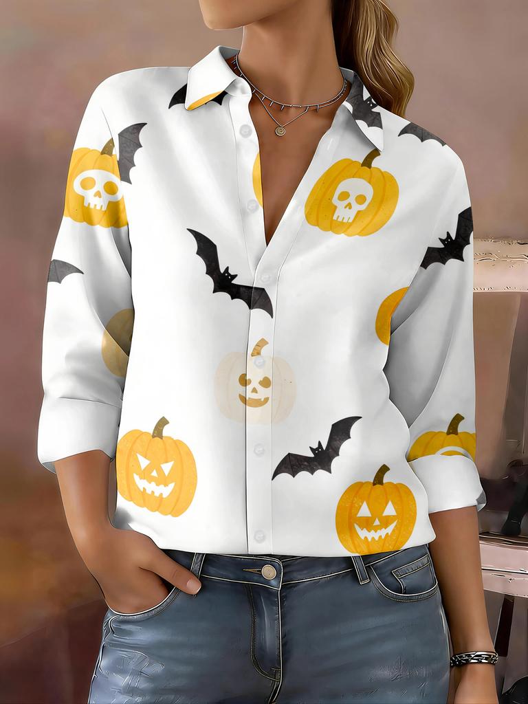 Casual fashionable women's outdoor long-sleeved cardigan shirt with picture full of jack-o'-lanterns, bats and pumpkins with smiling skull faces