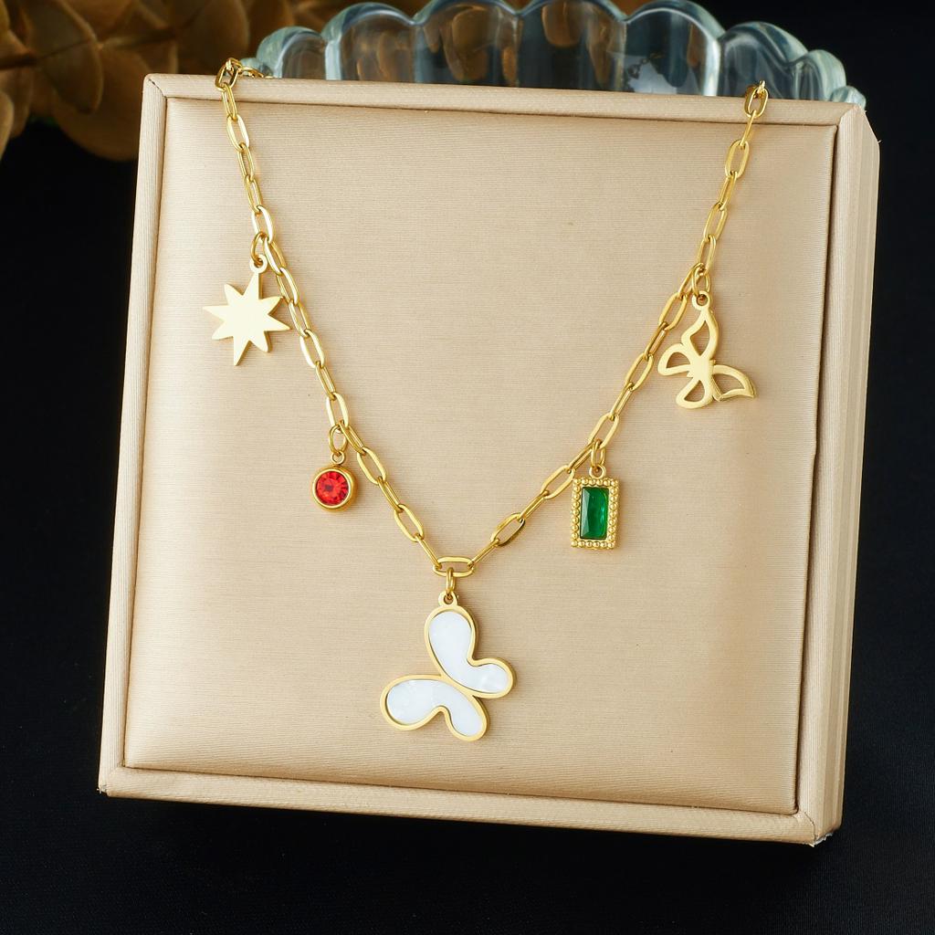 316L Stainless Steel Simple White Shell Inlay Butterfly Star Green Crystal Charm Necklace Women Trendy Chic Neck Chain