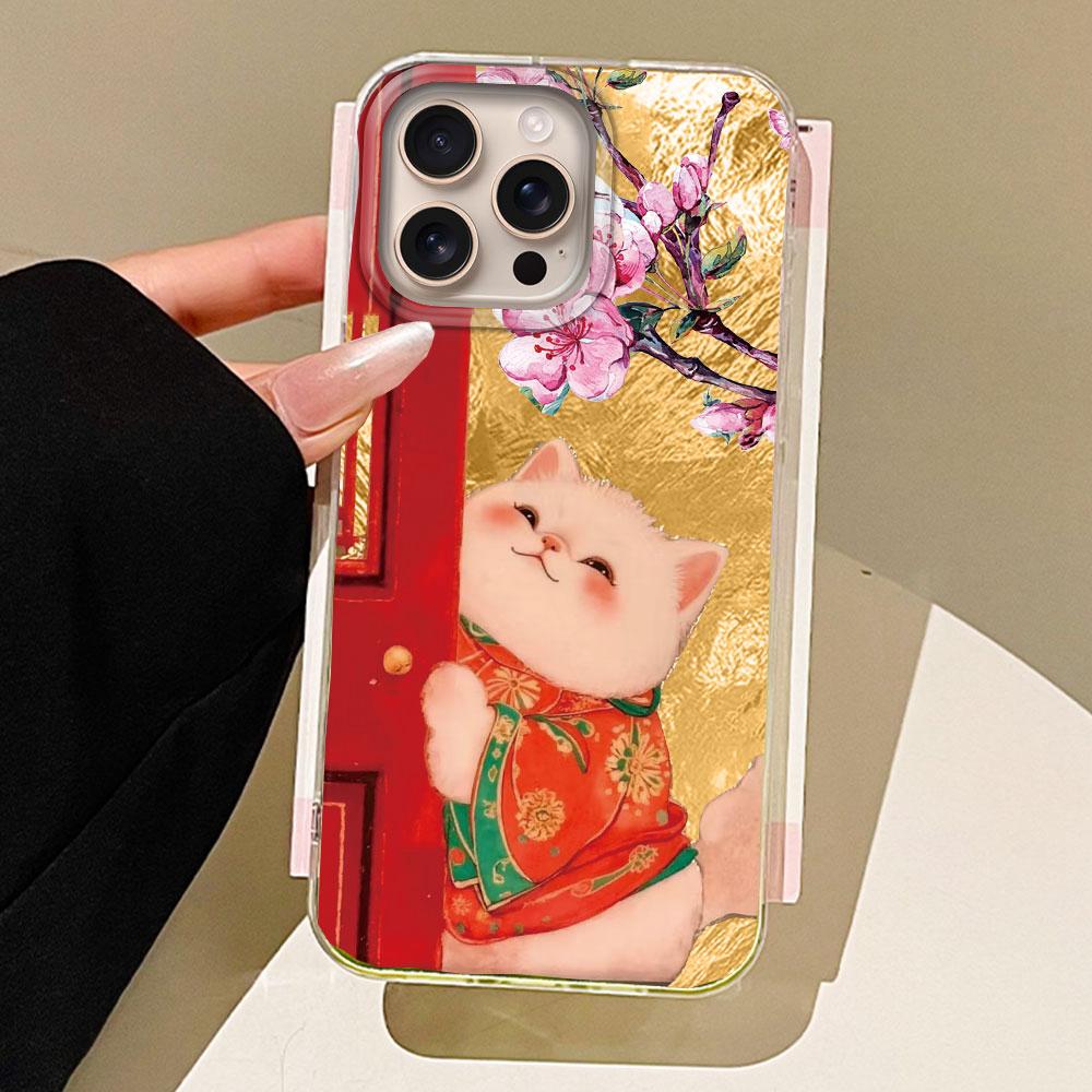 Retro Lucky Cute Cat Flower Girls Phone Case for Iphone 16 15 14 7 8 Plus 13 11 12 Pro Max X XS XR SE 2022 2020 16e Back Cover