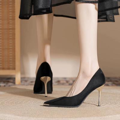 Элегантные женские туфли на каблуке Черная замша Мода Весна Женские туфли-лодочки 6/8 см Высокий каблук Темперамент Заостренный носок Вечерние туфли для платья