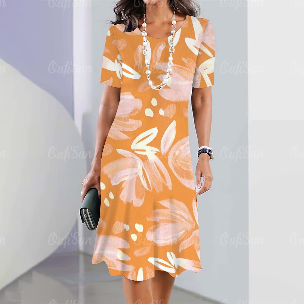 2025 New Ladies Floral Print Summer Elegant Dress Round Neck Short-sleeved Dress Fashion Oversized Clothes