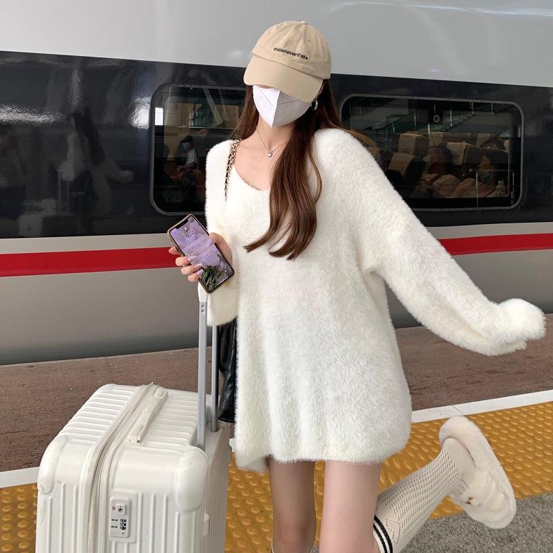Women's Off-Shoulder Long-Sleeve Sweater, Soft Fluffy Knit, Autumn/Winter Mid-Length Loose Top