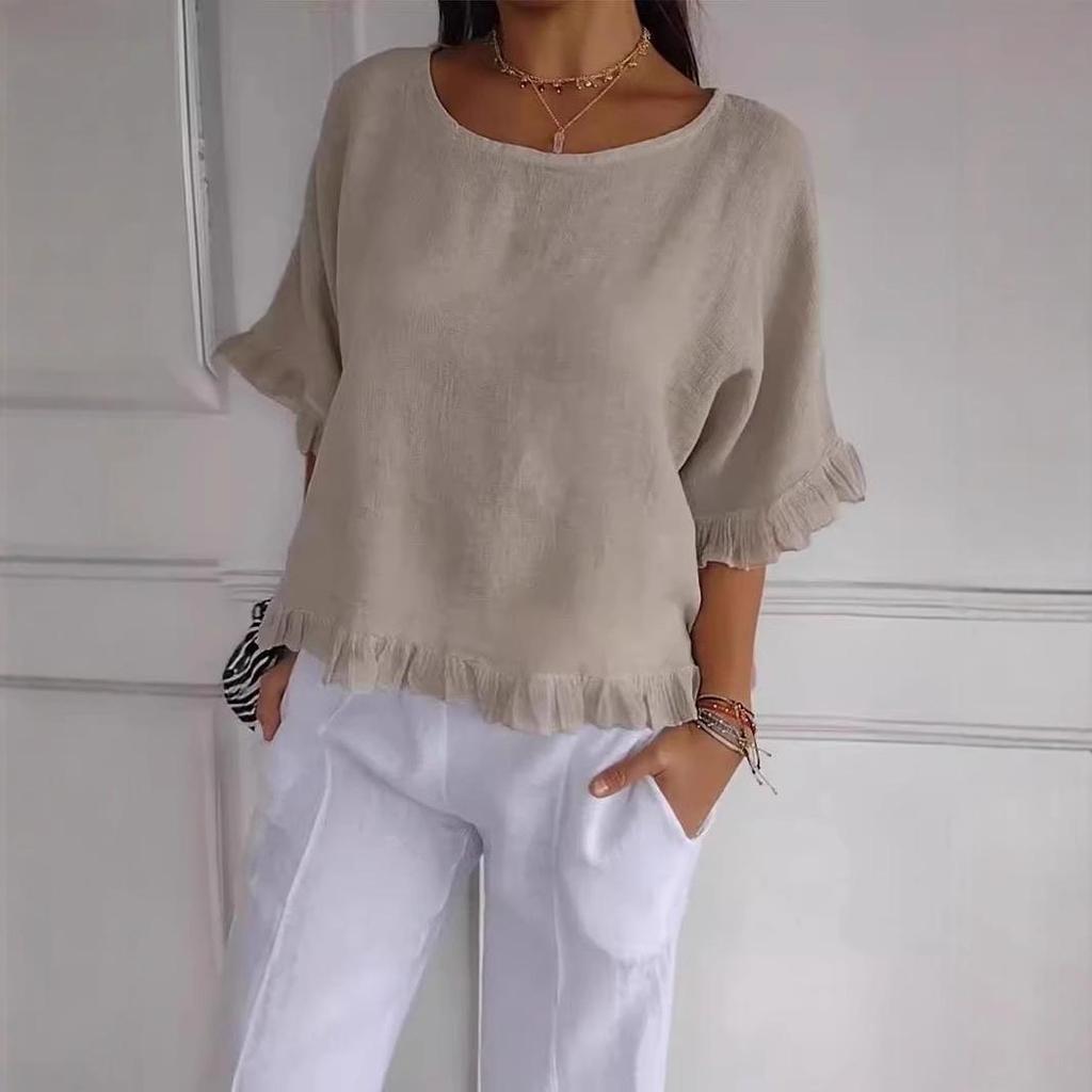 2025 Женская рубашка свободного кроя с коротким рукавом из хлопка и льна - Однотонная, с круглым вырезом, в европейско-американском стиле.