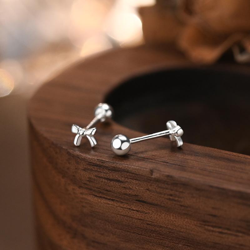 S999 Sterling Silver High-quality Bow Screws Earrings for Women Korean Fashion Small Simple Ear Accessories