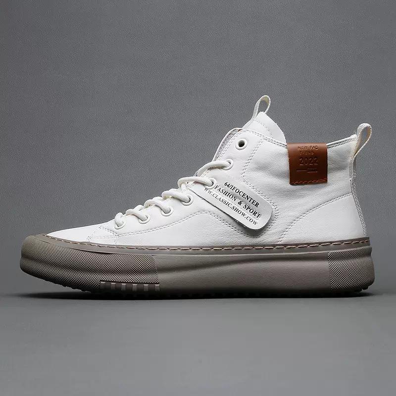 Men's High-Top Leather Sneakers: Autumn/Winter Cowhide Mid-Top White Shoes with Thick Soles.