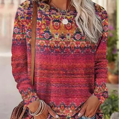 Топы для женщин с цветочным принтом тотемных цветов, круглым вырезом и длинными рукавами, осенний повседневный тонкий пуловер, женский топ с длинными рукавами