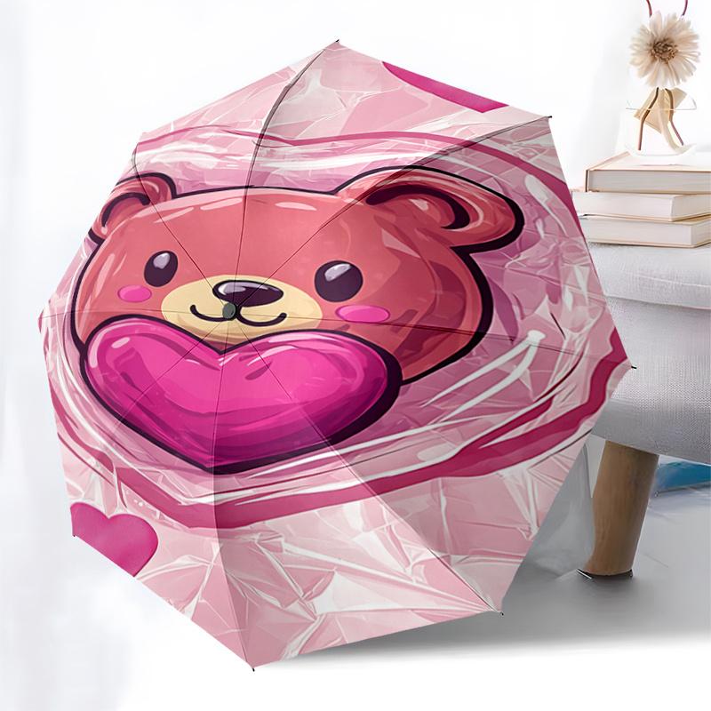 Teddy Bear Heart Shaped Automatic Opening/Closing Umbrella with Foldable Design, Iron Frame for Outdoor Use, Perfect Gift for Fans, Traveler