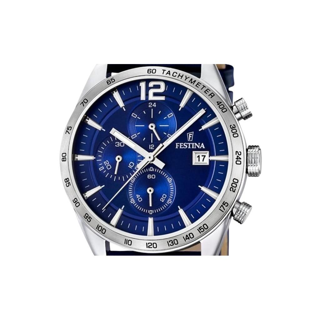 FESTINA Timeless Chronograph Leather Strap Blue Dial Quartz F16760-3 Men's Watch